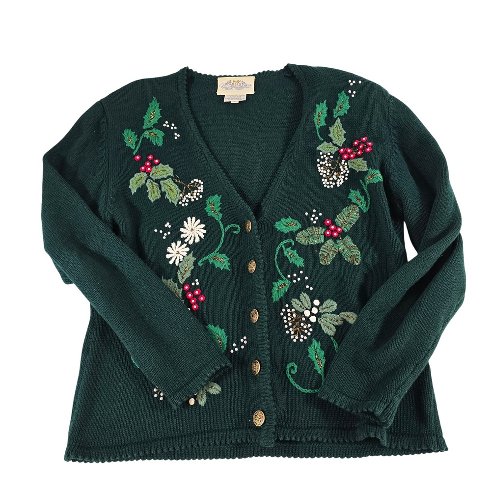 Susan Bristol Vintage 1993 Hand Embroidered Floral Holiday Cardigan Green Large